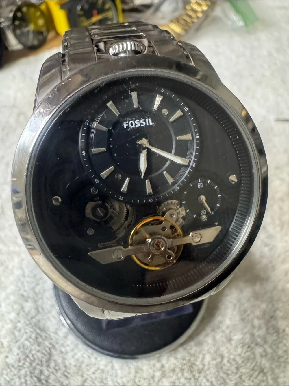 Fossil Black and Silver Open-Heart Automatic Wristwatch